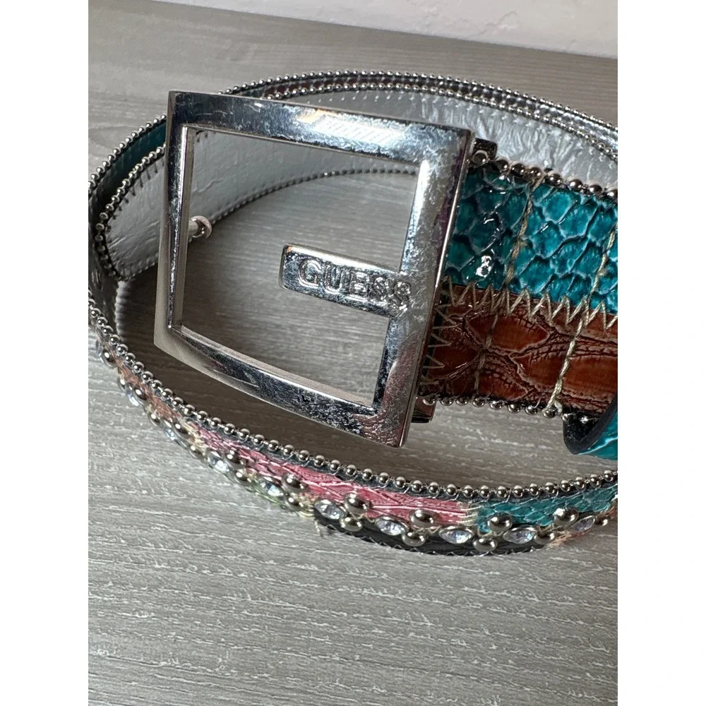 Guess Womens Y2K Patchwork Faux Snakeskin‎ Studded Rhinestone Belt Multi Color M